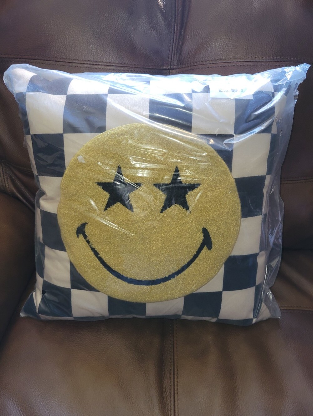 Home Holiday Checkerboard Pillow with Gold Star-Eye Smiley